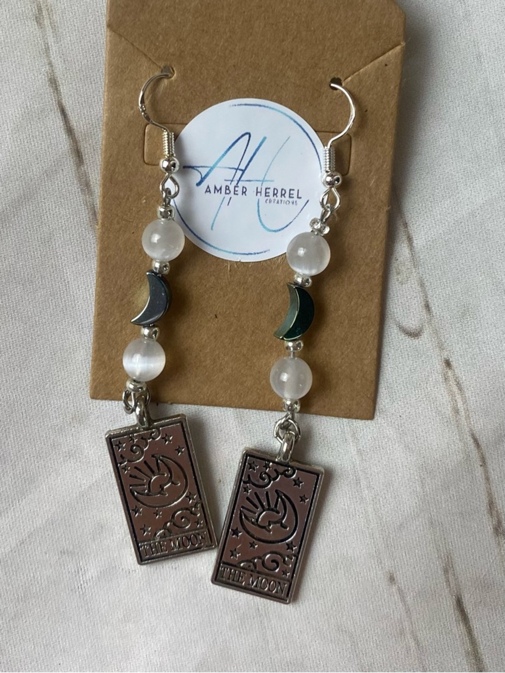 Moon Tarot Dangle Earrings in Silver and White